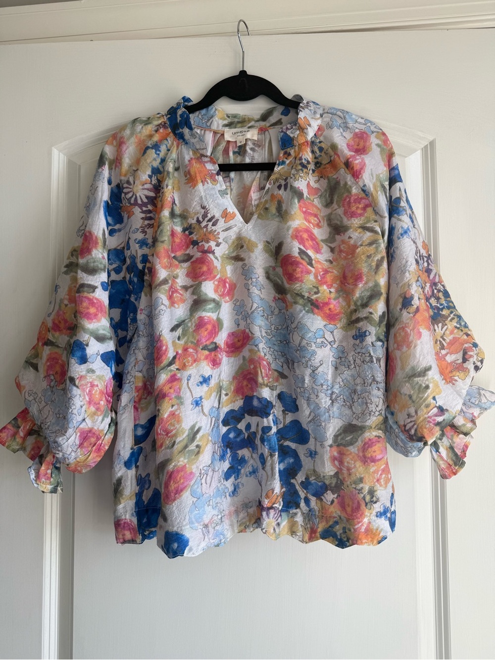 Umgee Floral V-Neck Balloon Sleeve Blouse - Blue, Pink, Green